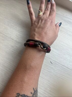 Brown & Red Leather Wrap Bracelet with Antique Brass Hook
